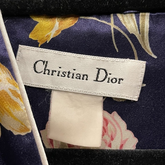 Christian Dior Vintage Silk Satin Flower Nightgown Pajamas Kimono Robe Blue - Picture 9 of 9